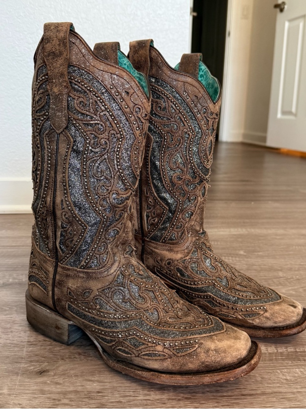 Corral Brown Leather Glitter Inlay Studded Square Toe Cowgirl Boots 9.5